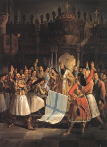 Germanos, Metropolitan of Patras, Blessing the flag of Revolution, Theodoros Vryzakis, 1865, 16,4x1,26m, oel on canvas. National Art Gallery and Alexandros Soutzos Museum, Athense? ??e???d??? S??t???